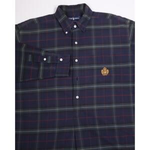 Polo Ralph Lauren Mens Vintage Blue Green Plaid Crest Logo Popover Shirt Large
